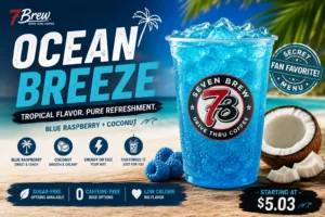 7 Brew Ocean Breeze drink feature image showing a vibrant blue iced beverage with blue raspberry and coconut flavors, topped with whipped cream in a branded 7 Brew cup.