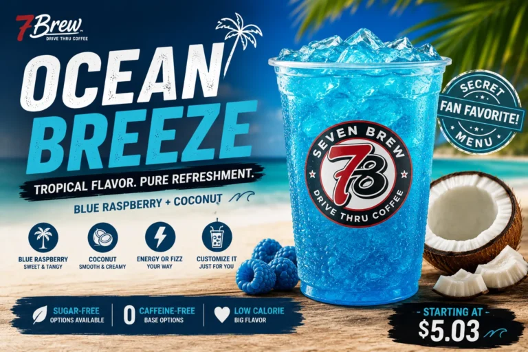 7 Brew Ocean Breeze drink feature image showing a vibrant blue iced beverage with blue raspberry and coconut flavors, topped with whipped cream in a branded 7 Brew cup.