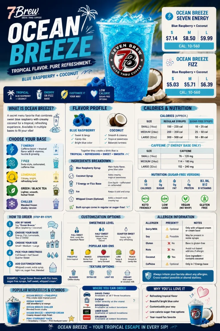 7 Brew Ocean Breeze infographic with flavor profile, calories, prices, caffeine content, ingredients, and customization options for this blue raspberry coconut drink.