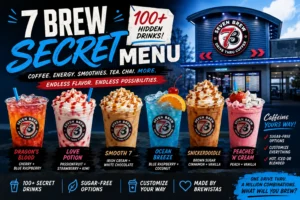 7 Brew Secret Menu feature image showing six colorful drinks including Dragon’s Blood, Love Potion, Smooth 7, Ocean Breeze, Snickerdoodle, and Peaches 'n' Cream with 100+ hidden drinks banner.