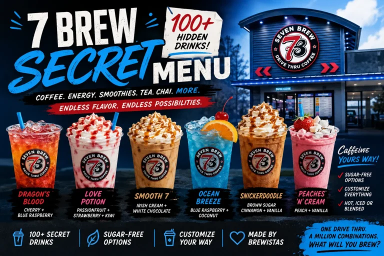 7 Brew Secret Menu feature image showing six colorful drinks including Dragon’s Blood, Love Potion, Smooth 7, Ocean Breeze, Snickerdoodle, and Peaches 'n' Cream with 100+ hidden drinks banner.