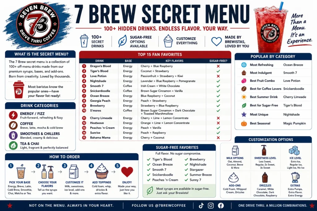 7 Brew Secret Menu infographic featuring 100+ hidden drinks, top fan favorites, sugar-free options, drink categories, ordering steps, and customization tips for 2026.